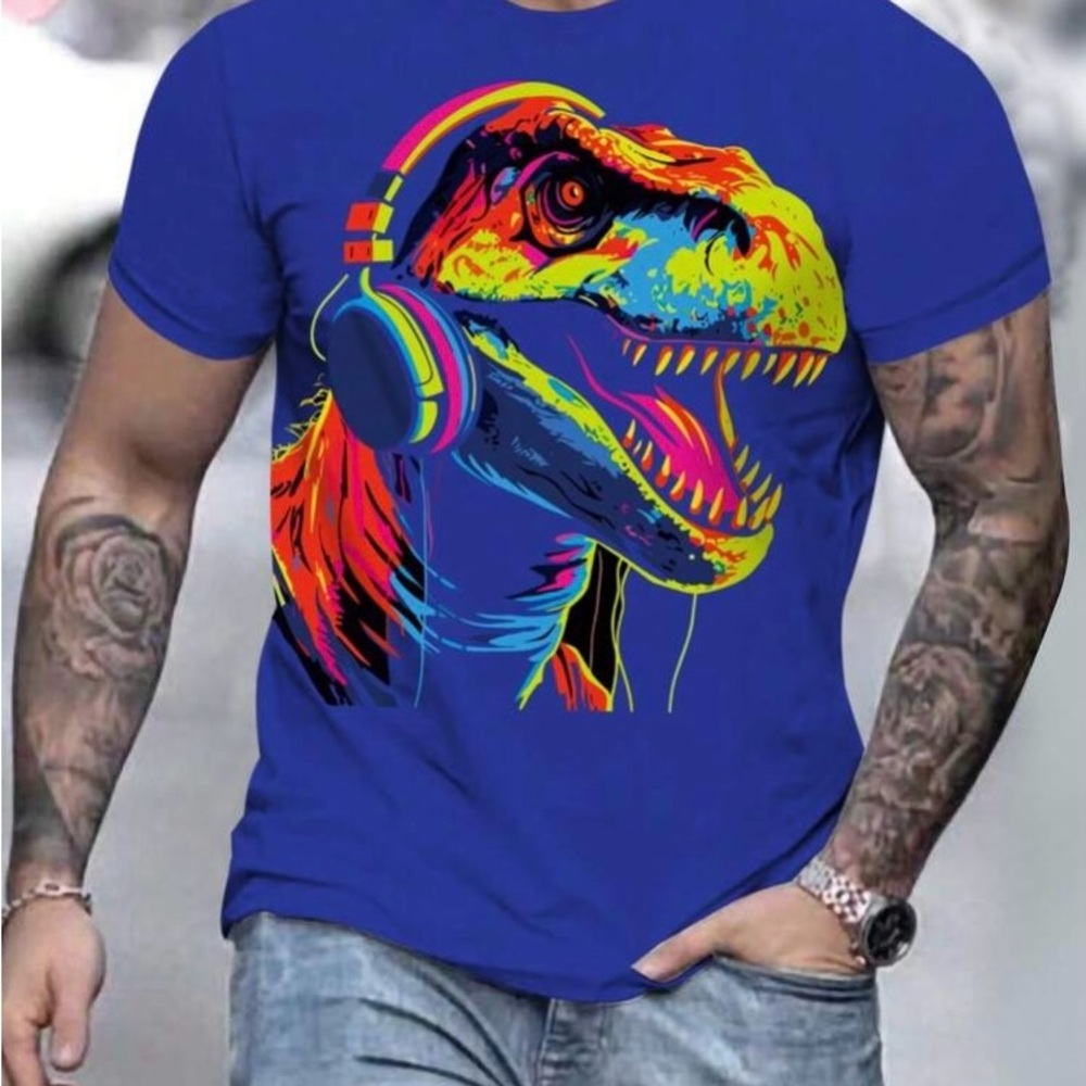 Men’s Blue  Summer Casual Short Sleeve T shirt with Cartoon Dinosaurs print